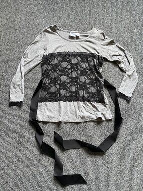 DG2 by Diane Gilman Gray Long Sleeve Top with Black Lace & Ribbon